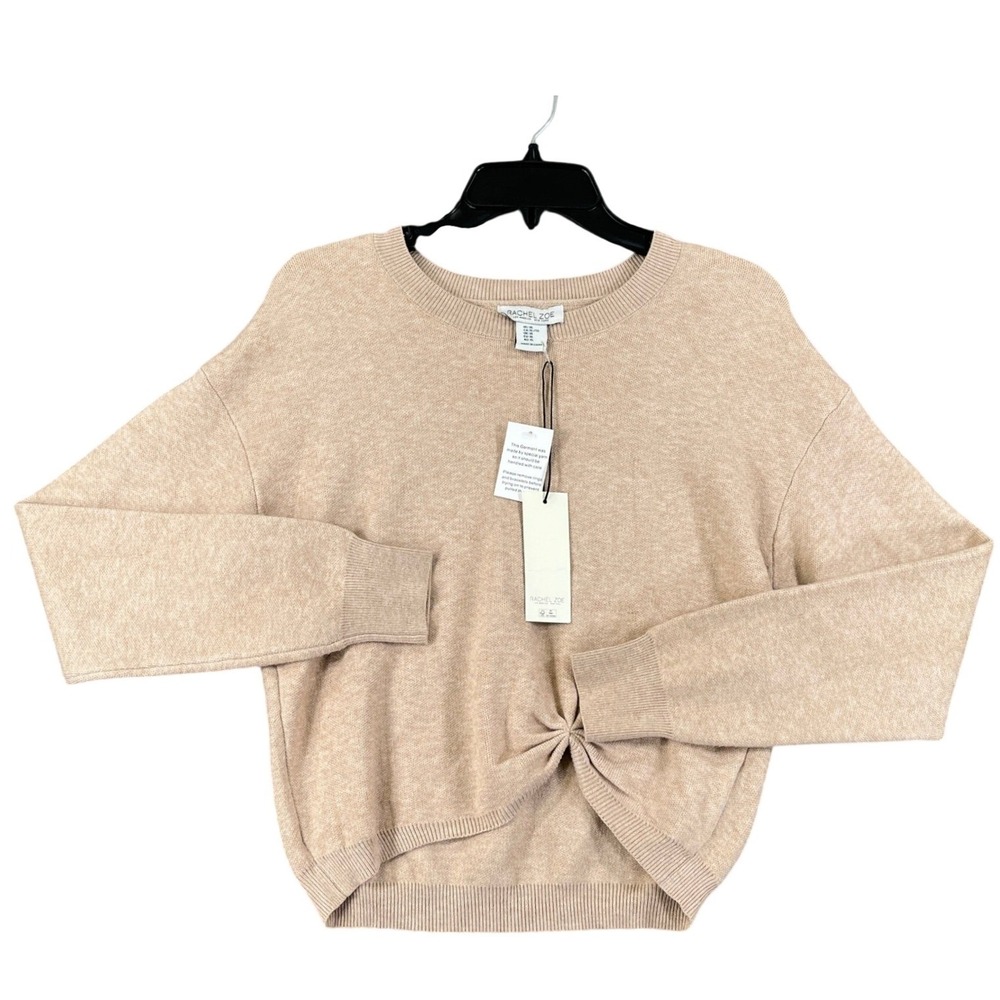 Rachel Zoe Crew Neck Knit Sweater W XL Tan Front Knot Twist Cozy Casual Wear
